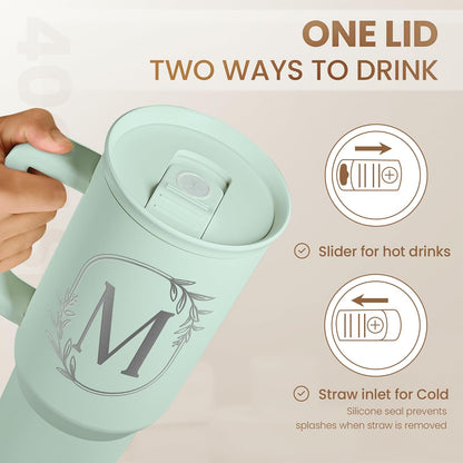 Personalized Monogrammed Tumbler with Handle 40oz, Letter R Tumblers Insulated Coffee Travel Cup, Custom Initial Gift for Women Girls Friends, Monogram Gift for Christmas Birthday Mothers Day