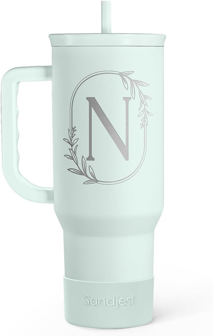 Personalized Monogrammed Tumbler with Handle 40oz, Letter R Tumblers Insulated Coffee Travel Cup, Custom Initial Gift for Women Girls Friends, Monogram Gift for Christmas Birthday Mothers Day