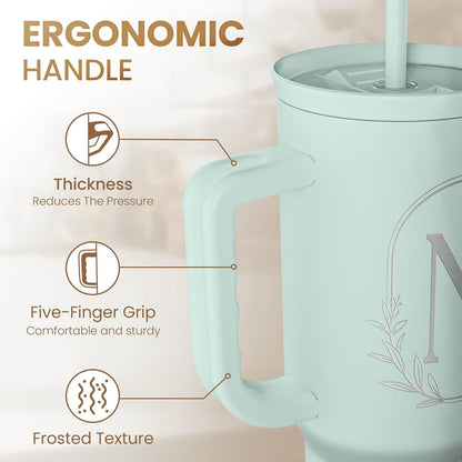 Personalized Monogrammed Tumbler with Handle 40oz, Letter R Tumblers Insulated Coffee Travel Cup, Custom Initial Gift for Women Girls Friends, Monogram Gift for Christmas Birthday Mothers Day