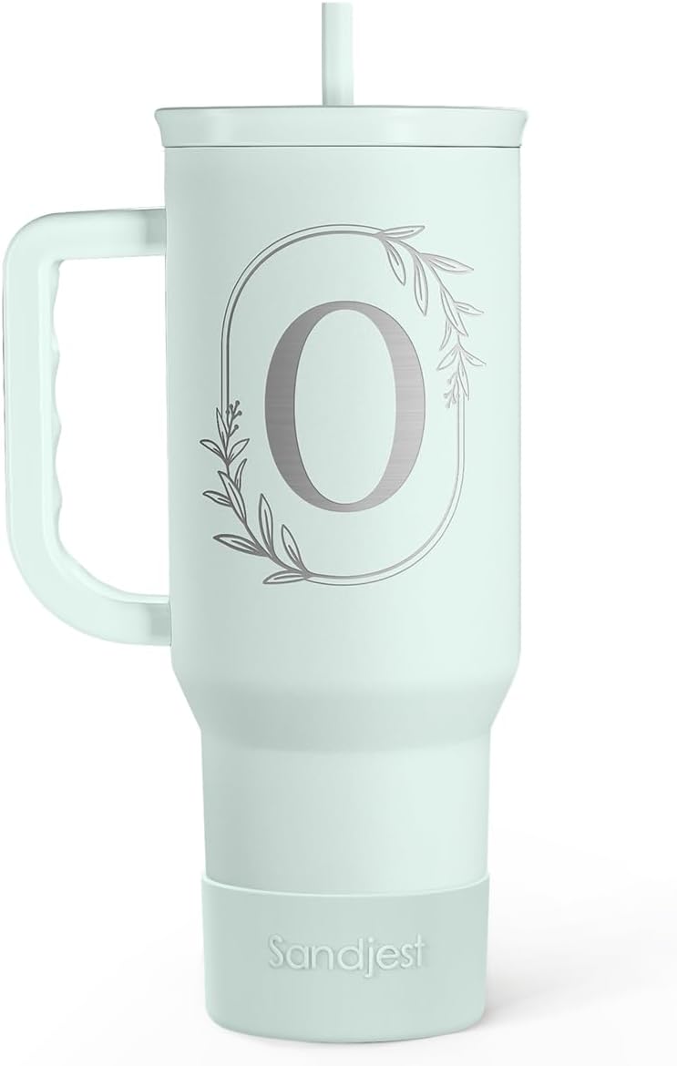 Personalized Monogrammed Tumbler with Handle 40oz, Letter R Tumblers Insulated Coffee Travel Cup, Custom Initial Gift for Women Girls Friends, Monogram Gift for Christmas Birthday Mothers Day