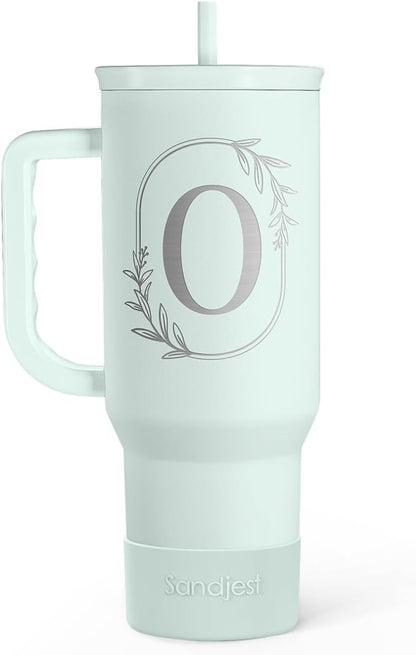 Personalized Monogrammed Tumbler with Handle 40oz, Letter R Tumblers Insulated Coffee Travel Cup, Custom Initial Gift for Women Girls Friends, Monogram Gift for Christmas Birthday Mothers Day