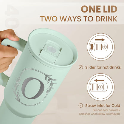 Personalized Monogrammed Tumbler with Handle 40oz, Letter R Tumblers Insulated Coffee Travel Cup, Custom Initial Gift for Women Girls Friends, Monogram Gift for Christmas Birthday Mothers Day