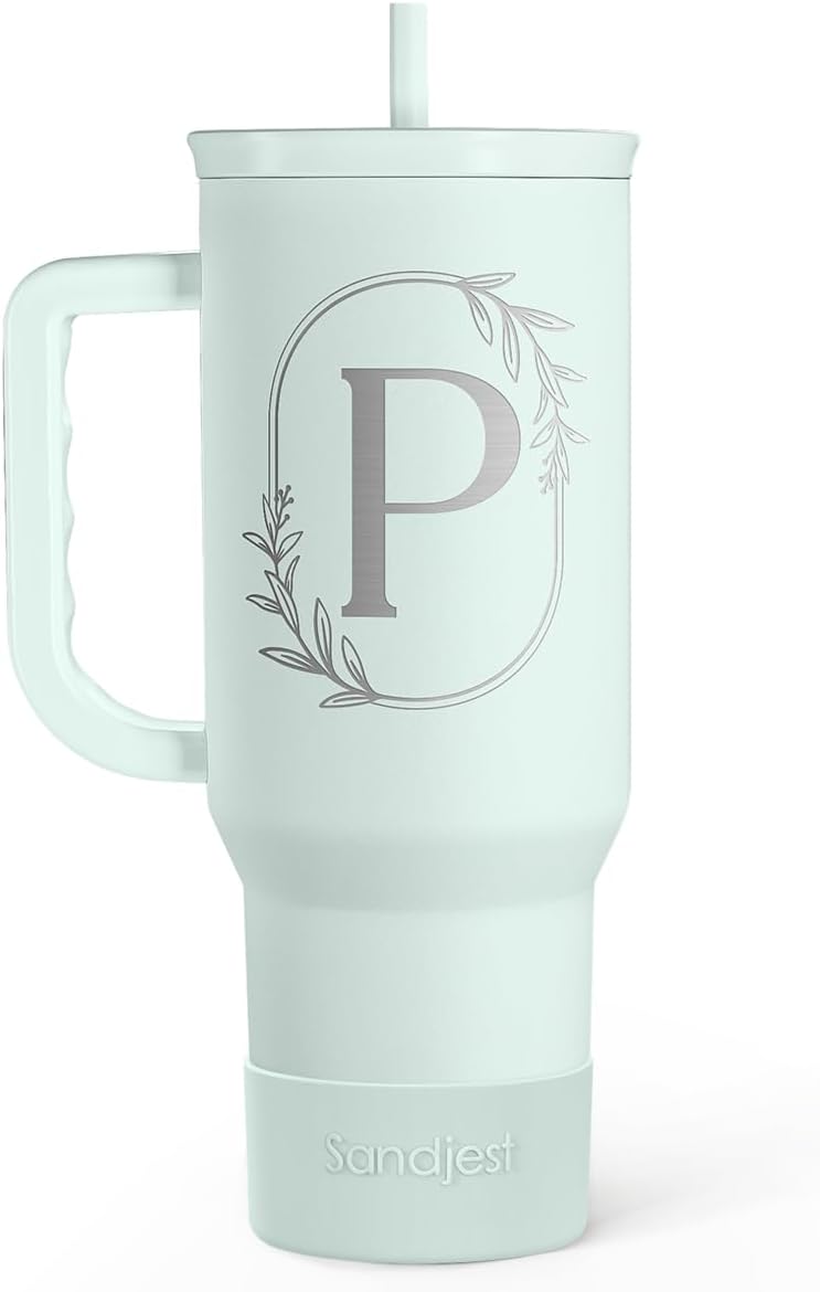 Personalized Monogrammed Tumbler with Handle 40oz, Letter R Tumblers Insulated Coffee Travel Cup, Custom Initial Gift for Women Girls Friends, Monogram Gift for Christmas Birthday Mothers Day