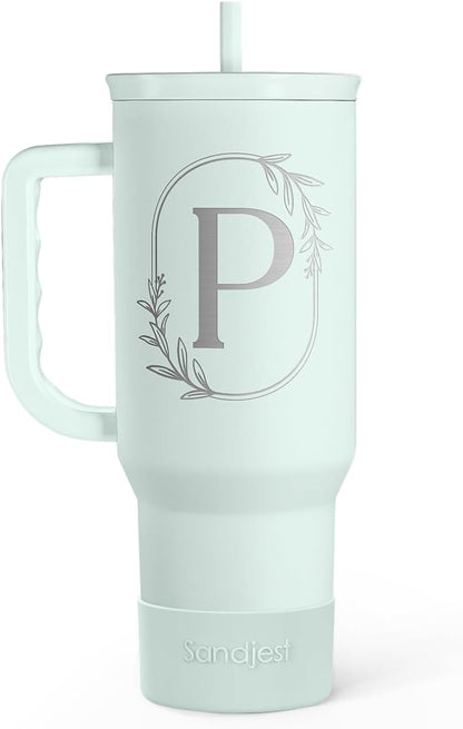 Personalized Monogrammed Tumbler with Handle 40oz, Letter R Tumblers Insulated Coffee Travel Cup, Custom Initial Gift for Women Girls Friends, Monogram Gift for Christmas Birthday Mothers Day