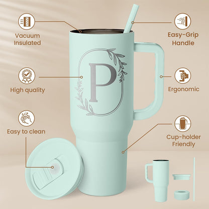 Personalized Monogrammed Tumbler with Handle 40oz, Letter R Tumblers Insulated Coffee Travel Cup, Custom Initial Gift for Women Girls Friends, Monogram Gift for Christmas Birthday Mothers Day
