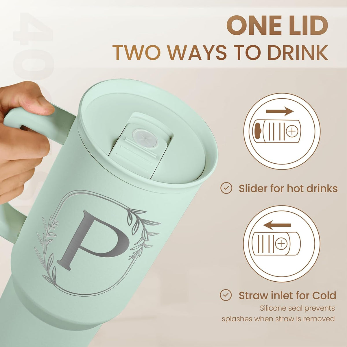 Personalized Monogrammed Tumbler with Handle 40oz, Letter R Tumblers Insulated Coffee Travel Cup, Custom Initial Gift for Women Girls Friends, Monogram Gift for Christmas Birthday Mothers Day