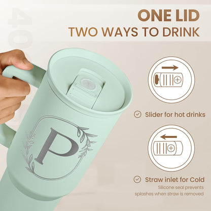 Personalized Monogrammed Tumbler with Handle 40oz, Letter R Tumblers Insulated Coffee Travel Cup, Custom Initial Gift for Women Girls Friends, Monogram Gift for Christmas Birthday Mothers Day