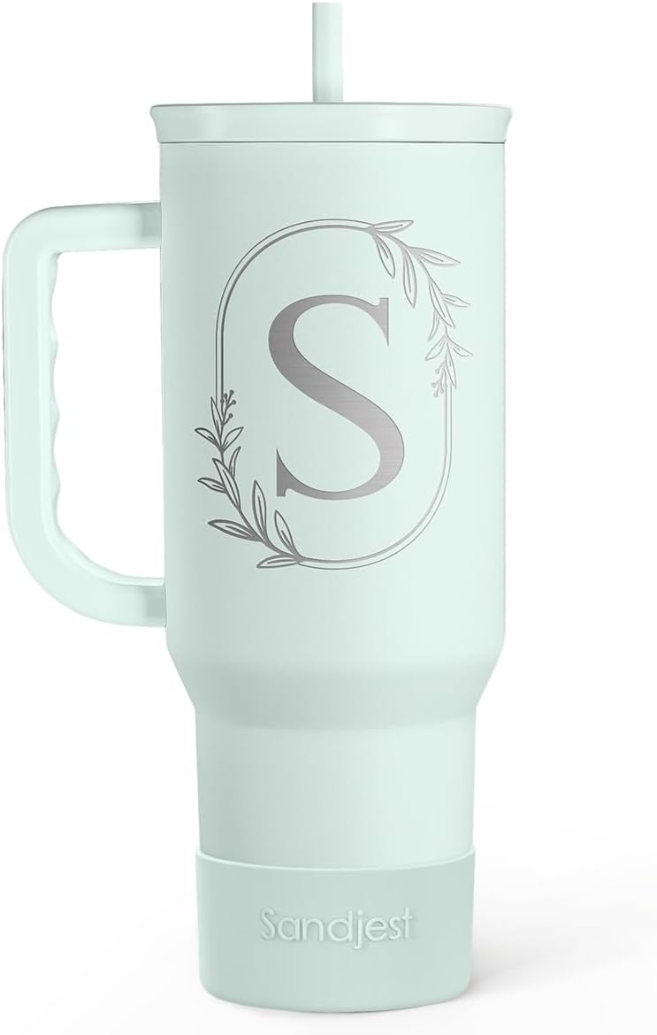 Personalized Monogrammed Tumbler with Handle 40oz, Letter R Tumblers Insulated Coffee Travel Cup, Custom Initial Gift for Women Girls Friends, Monogram Gift for Christmas Birthday Mothers Day