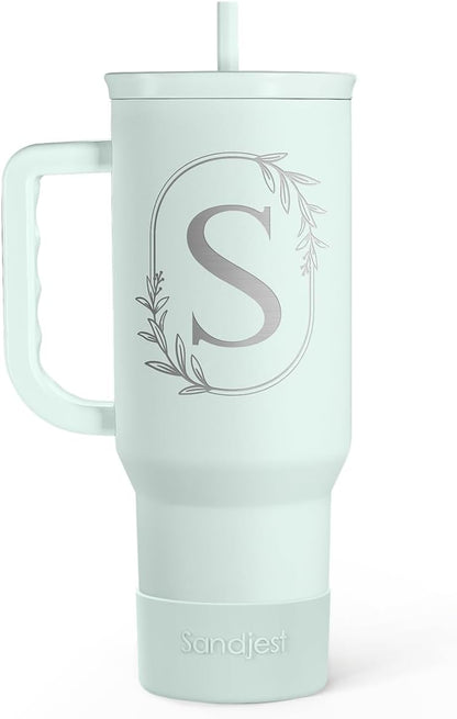 Personalized Monogrammed Tumbler with Handle 40oz, Letter R Tumblers Insulated Coffee Travel Cup, Custom Initial Gift for Women Girls Friends, Monogram Gift for Christmas Birthday Mothers Day