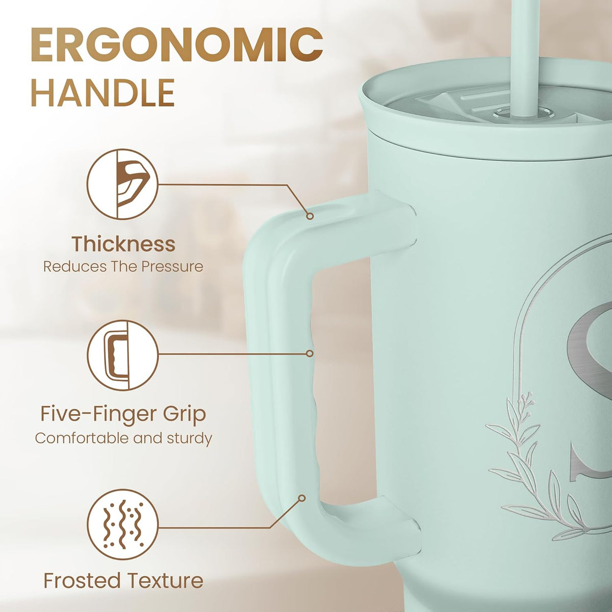 Personalized Monogrammed Tumbler with Handle 40oz, Letter R Tumblers Insulated Coffee Travel Cup, Custom Initial Gift for Women Girls Friends, Monogram Gift for Christmas Birthday Mothers Day
