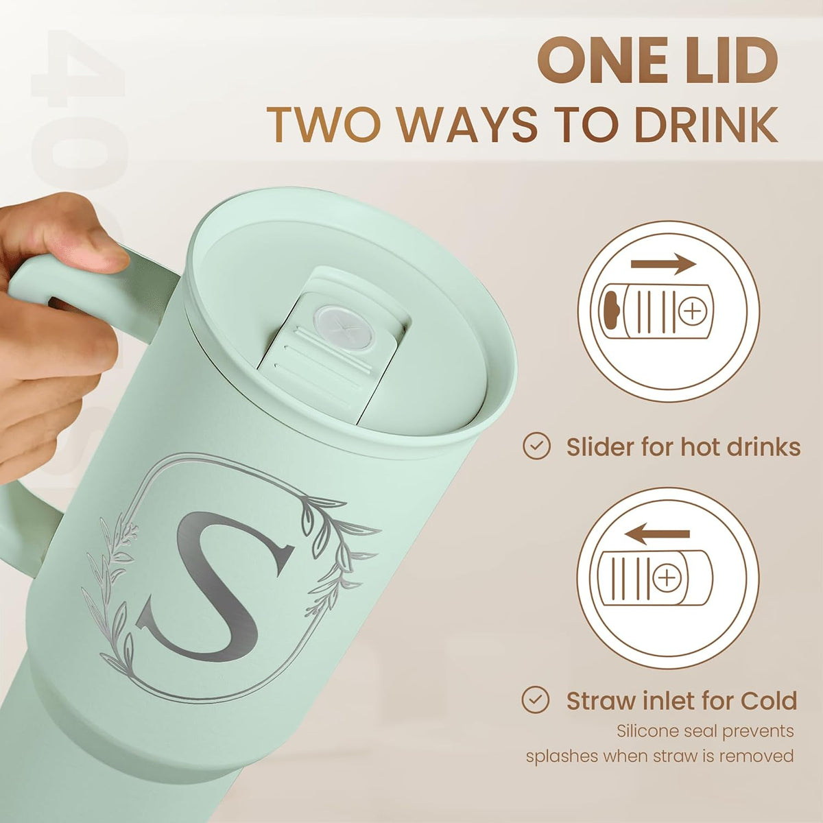 Personalized Monogrammed Tumbler with Handle 40oz, Letter R Tumblers Insulated Coffee Travel Cup, Custom Initial Gift for Women Girls Friends, Monogram Gift for Christmas Birthday Mothers Day