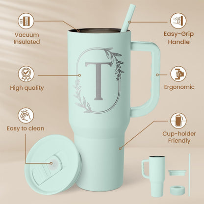 Personalized Monogrammed Tumbler with Handle 40oz, Letter R Tumblers Insulated Coffee Travel Cup, Custom Initial Gift for Women Girls Friends, Monogram Gift for Christmas Birthday Mothers Day