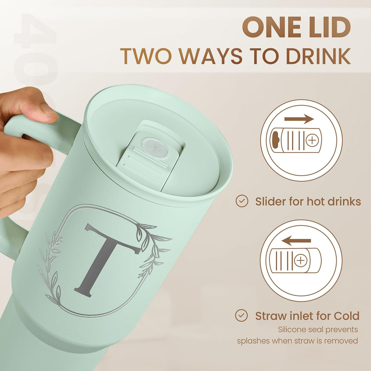 Personalized Monogrammed Tumbler with Handle 40oz, Letter R Tumblers Insulated Coffee Travel Cup, Custom Initial Gift for Women Girls Friends, Monogram Gift for Christmas Birthday Mothers Day