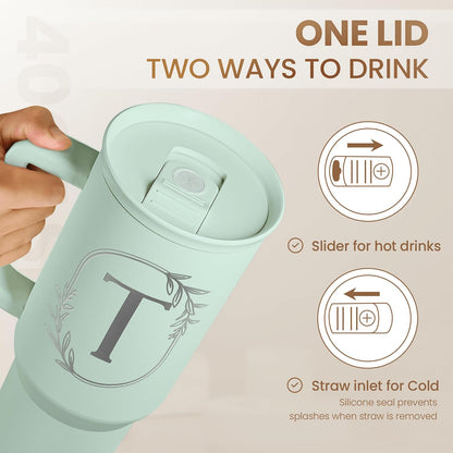 Personalized Monogrammed Tumbler with Handle 40oz, Letter R Tumblers Insulated Coffee Travel Cup, Custom Initial Gift for Women Girls Friends, Monogram Gift for Christmas Birthday Mothers Day