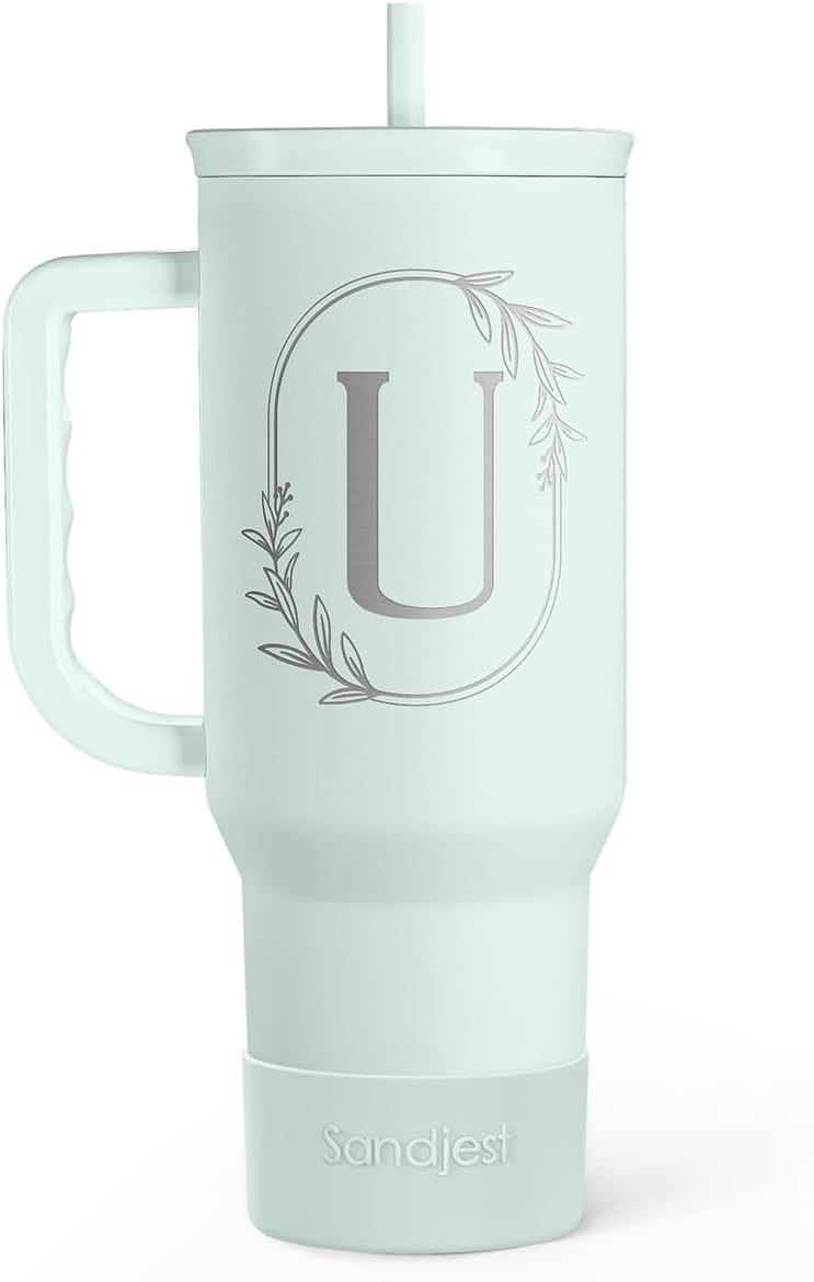 Personalized Monogrammed Tumbler with Handle 40oz, Letter R Tumblers Insulated Coffee Travel Cup, Custom Initial Gift for Women Girls Friends, Monogram Gift for Christmas Birthday Mothers Day