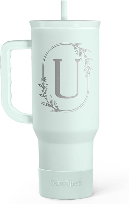 Personalized Monogrammed Tumbler with Handle 40oz, Letter R Tumblers Insulated Coffee Travel Cup, Custom Initial Gift for Women Girls Friends, Monogram Gift for Christmas Birthday Mothers Day
