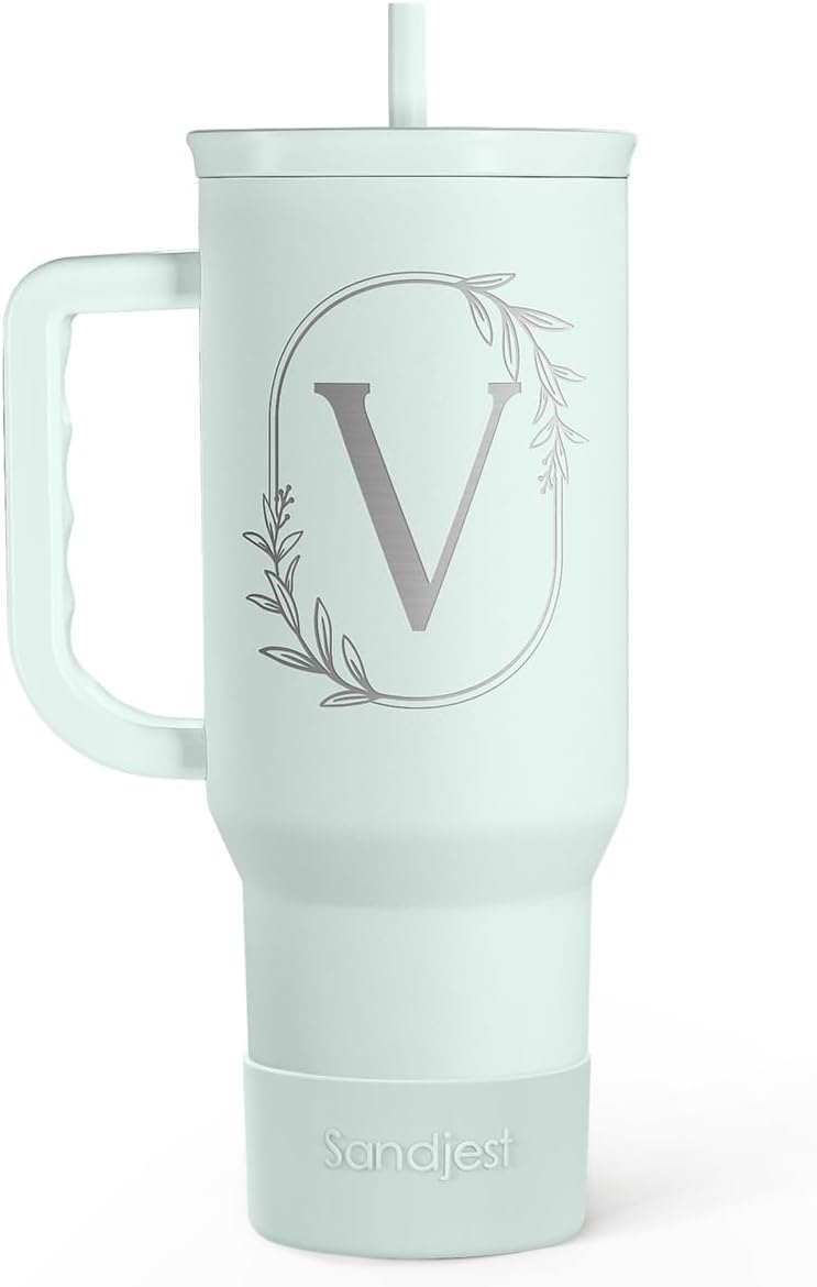 Personalized Monogrammed Tumbler with Handle 40oz, Letter R Tumblers Insulated Coffee Travel Cup, Custom Initial Gift for Women Girls Friends, Monogram Gift for Christmas Birthday Mothers Day