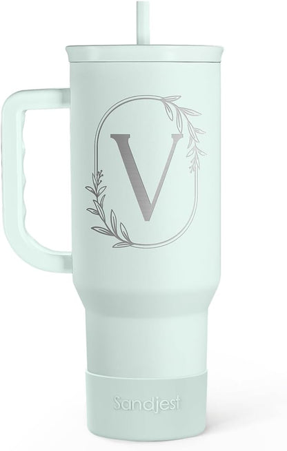 Personalized Monogrammed Tumbler with Handle 40oz, Letter R Tumblers Insulated Coffee Travel Cup, Custom Initial Gift for Women Girls Friends, Monogram Gift for Christmas Birthday Mothers Day