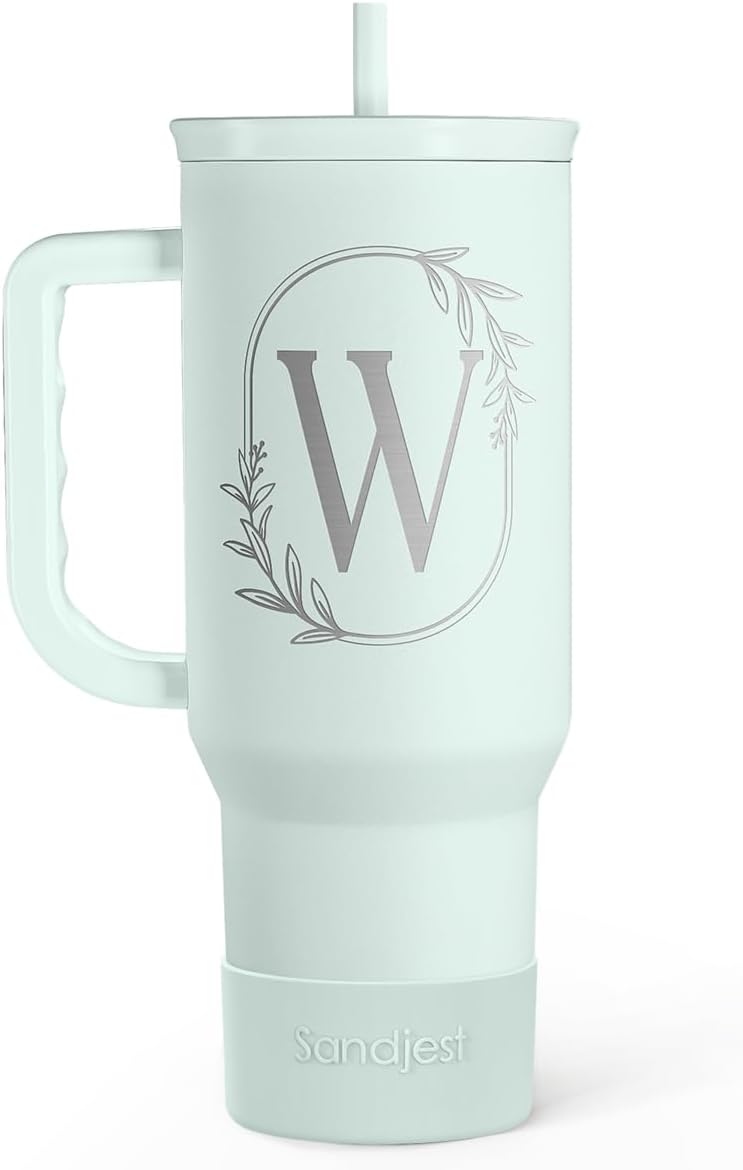 Personalized Monogrammed Tumbler with Handle 40oz, Letter R Tumblers Insulated Coffee Travel Cup, Custom Initial Gift for Women Girls Friends, Monogram Gift for Christmas Birthday Mothers Day