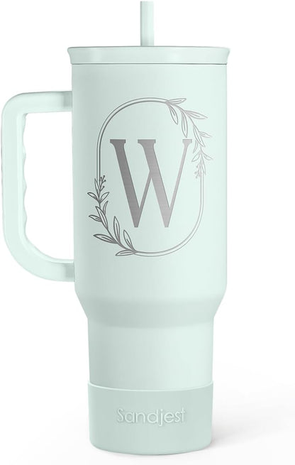 Personalized Monogrammed Tumbler with Handle 40oz, Letter R Tumblers Insulated Coffee Travel Cup, Custom Initial Gift for Women Girls Friends, Monogram Gift for Christmas Birthday Mothers Day