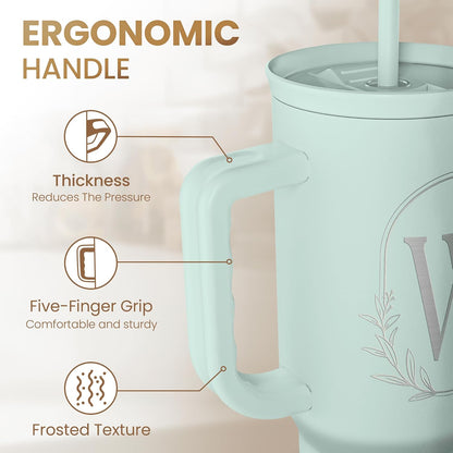 Personalized Monogrammed Tumbler with Handle 40oz, Letter R Tumblers Insulated Coffee Travel Cup, Custom Initial Gift for Women Girls Friends, Monogram Gift for Christmas Birthday Mothers Day