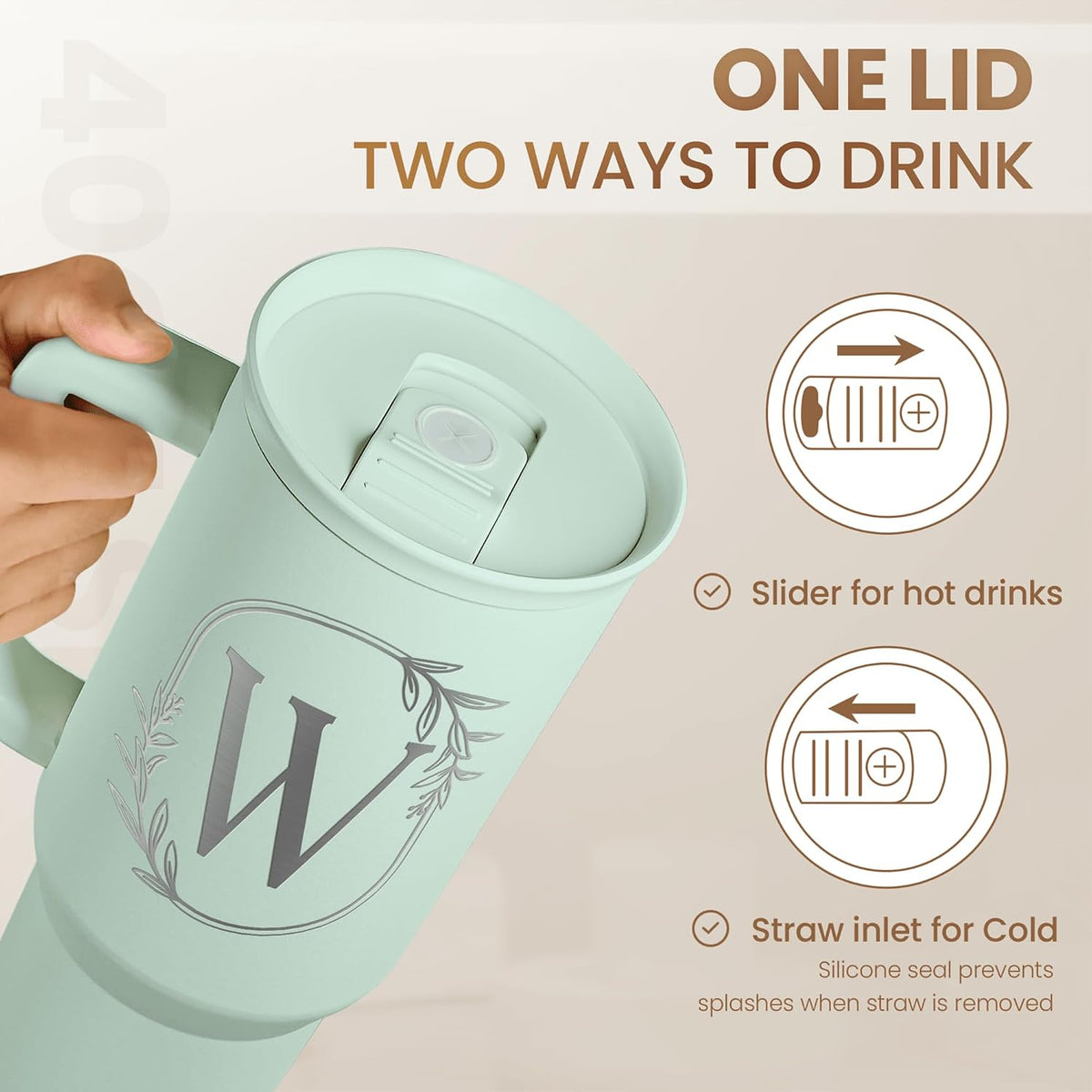 Personalized Monogrammed Tumbler with Handle 40oz, Letter R Tumblers Insulated Coffee Travel Cup, Custom Initial Gift for Women Girls Friends, Monogram Gift for Christmas Birthday Mothers Day