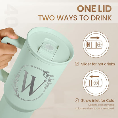 Personalized Monogrammed Tumbler with Handle 40oz, Letter R Tumblers Insulated Coffee Travel Cup, Custom Initial Gift for Women Girls Friends, Monogram Gift for Christmas Birthday Mothers Day