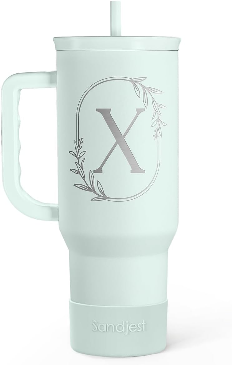Personalized Monogrammed Tumbler with Handle 40oz, Letter R Tumblers Insulated Coffee Travel Cup, Custom Initial Gift for Women Girls Friends, Monogram Gift for Christmas Birthday Mothers Day