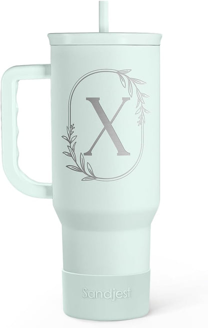Personalized Monogrammed Tumbler with Handle 40oz, Letter R Tumblers Insulated Coffee Travel Cup, Custom Initial Gift for Women Girls Friends, Monogram Gift for Christmas Birthday Mothers Day