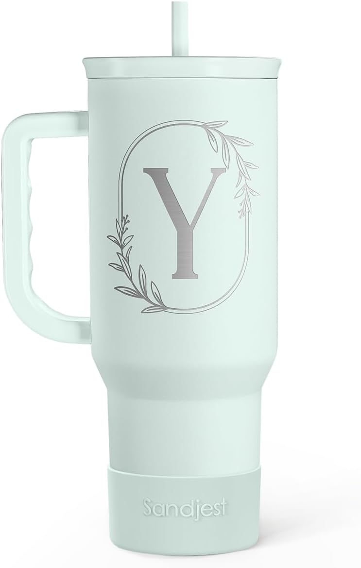 Personalized Monogrammed Tumbler with Handle 40oz, Letter R Tumblers Insulated Coffee Travel Cup, Custom Initial Gift for Women Girls Friends, Monogram Gift for Christmas Birthday Mothers Day