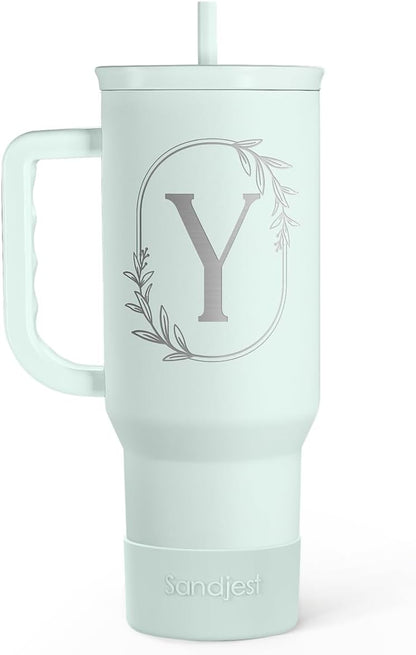 Personalized Monogrammed Tumbler with Handle 40oz, Letter R Tumblers Insulated Coffee Travel Cup, Custom Initial Gift for Women Girls Friends, Monogram Gift for Christmas Birthday Mothers Day