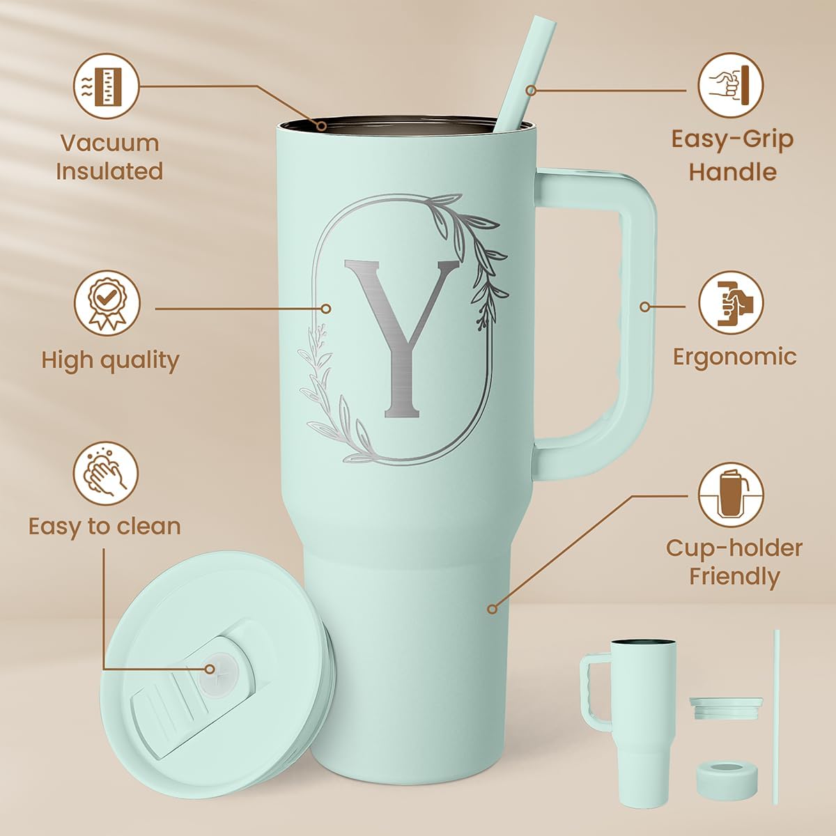 Personalized Monogrammed Tumbler with Handle 40oz, Letter R Tumblers Insulated Coffee Travel Cup, Custom Initial Gift for Women Girls Friends, Monogram Gift for Christmas Birthday Mothers Day