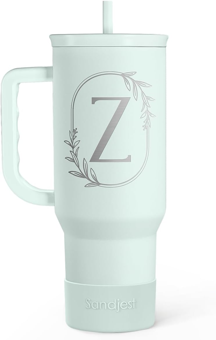 Personalized Monogrammed Tumbler with Handle 40oz, Letter R Tumblers Insulated Coffee Travel Cup, Custom Initial Gift for Women Girls Friends, Monogram Gift for Christmas Birthday Mothers Day