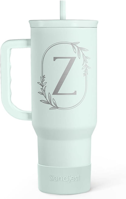 Personalized Monogrammed Tumbler with Handle 40oz, Letter R Tumblers Insulated Coffee Travel Cup, Custom Initial Gift for Women Girls Friends, Monogram Gift for Christmas Birthday Mothers Day