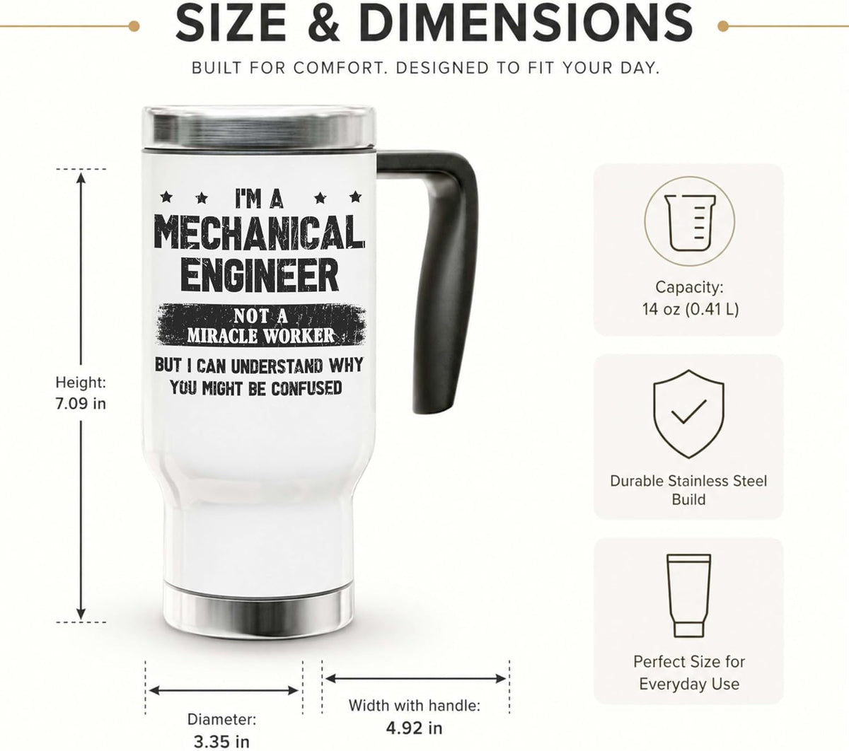 Funny Mechanical Engineer Travel Mug with Handle - Not a Miracle Worker Joke Insulated Stainless Steel Coffee Cup - 14oz Tapered Tumbler for Commuting and Office