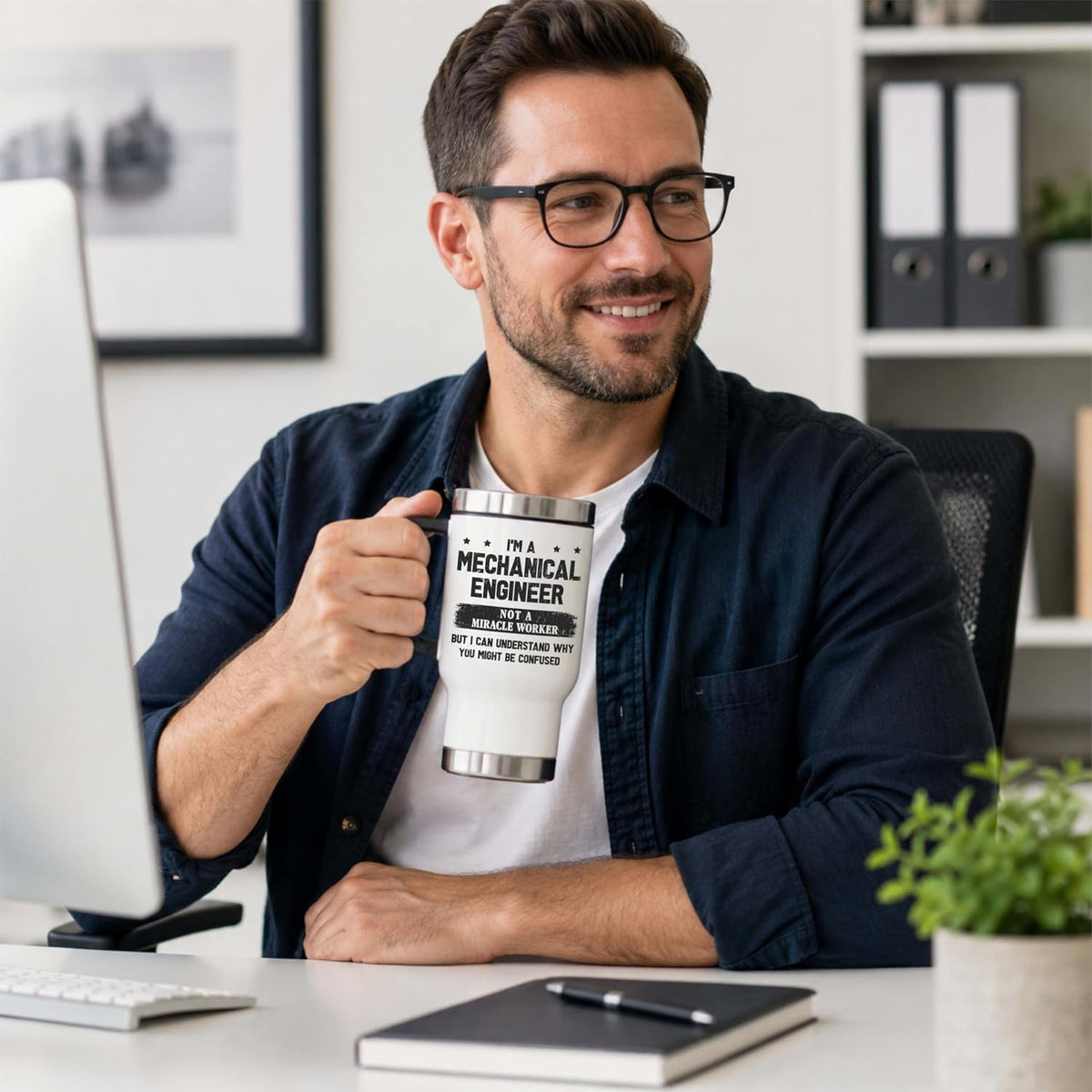 Funny Mechanical Engineer Travel Mug with Handle - Not a Miracle Worker Joke Insulated Stainless Steel Coffee Cup - 14oz Tapered Tumbler for Commuting and Office
