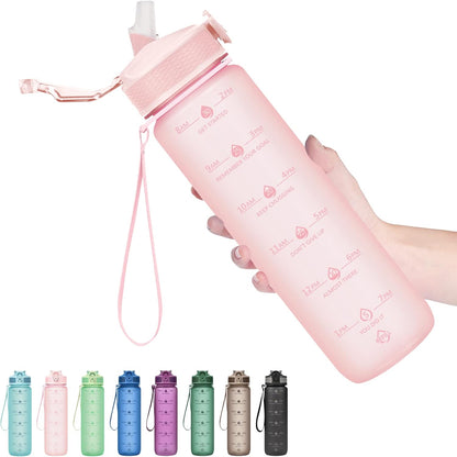 Plastic Water Bottle With Straw & Time Marker, 32oz Leakproof Jug
