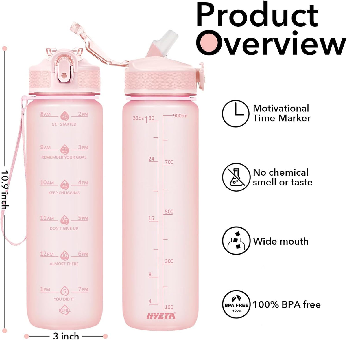 Plastic Water Bottle With Straw & Time Marker, 32oz Leakproof Jug