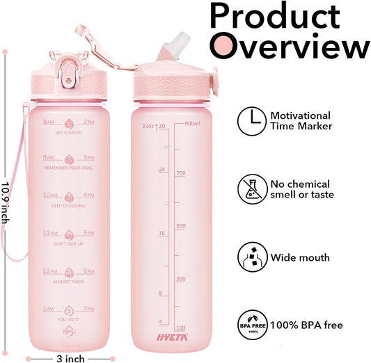 Plastic Water Bottle With Straw & Time Marker, 32oz Leakproof Jug