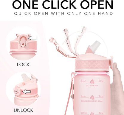 Plastic Water Bottle With Straw & Time Marker, 32oz Leakproof Jug