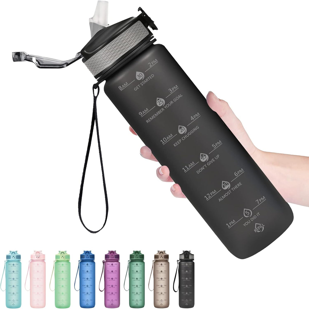 Plastic Water Bottle With Straw & Time Marker, 32oz Leakproof Jug