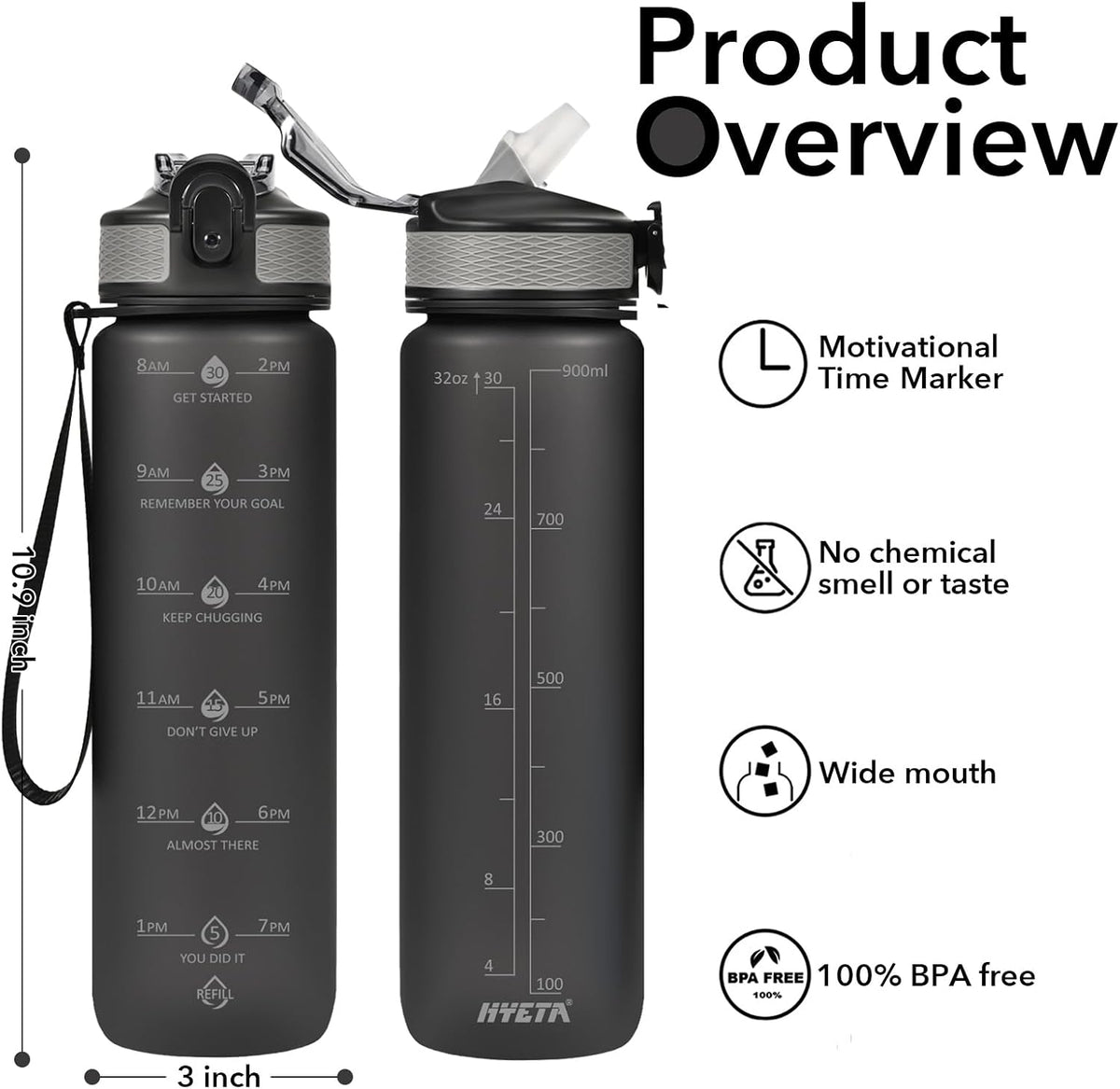 Plastic Water Bottle With Straw & Time Marker, 32oz Leakproof Jug