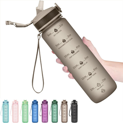 Plastic Water Bottle With Straw & Time Marker, 32oz Leakproof Jug