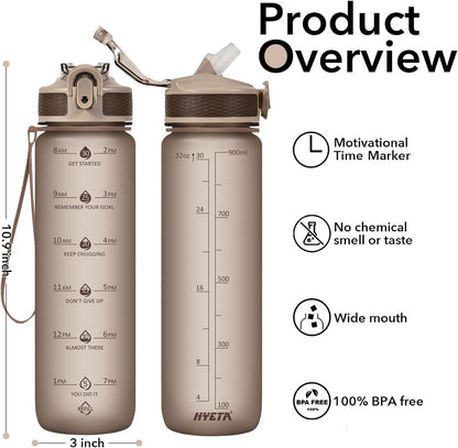 Plastic Water Bottle With Straw & Time Marker, 32oz Leakproof Jug