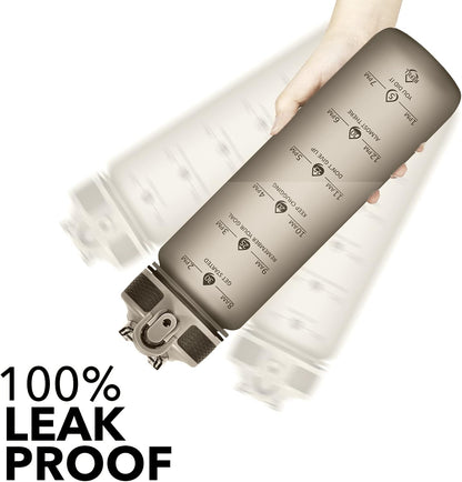 Plastic Water Bottle With Straw & Time Marker, 32oz Leakproof Jug