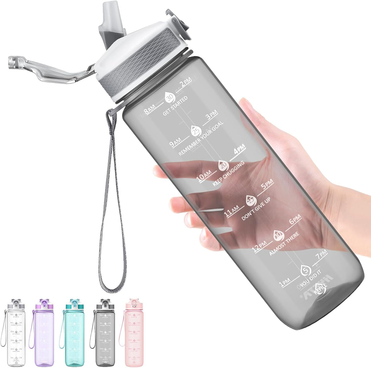 Plastic Water Bottle With Straw & Time Marker, 32oz Leakproof Jug