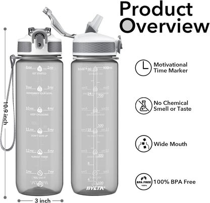 Plastic Water Bottle With Straw & Time Marker, 32oz Leakproof Jug