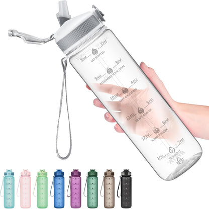 Plastic Water Bottle With Straw & Time Marker, 32oz Leakproof Jug