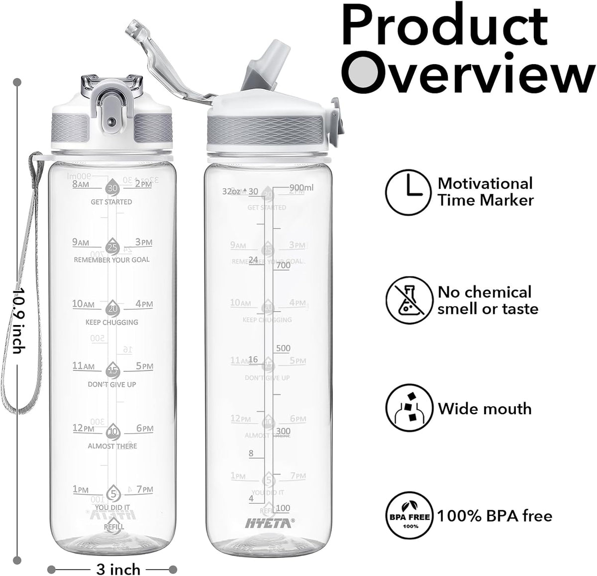 Plastic Water Bottle With Straw & Time Marker, 32oz Leakproof Jug