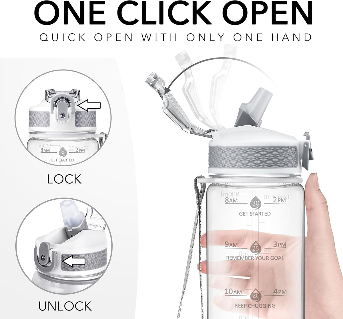 Plastic Water Bottle With Straw & Time Marker, 32oz Leakproof Jug